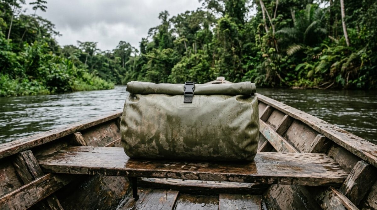 A waterproof dry bag on the bench of a small boat in Costa Rica