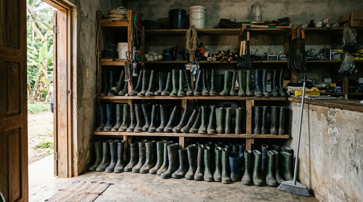 Rubber boots on shelves in a rural hardware shop in Costa Rica