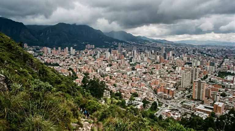 Bogota filling the high plateau below green mountains in Colombia