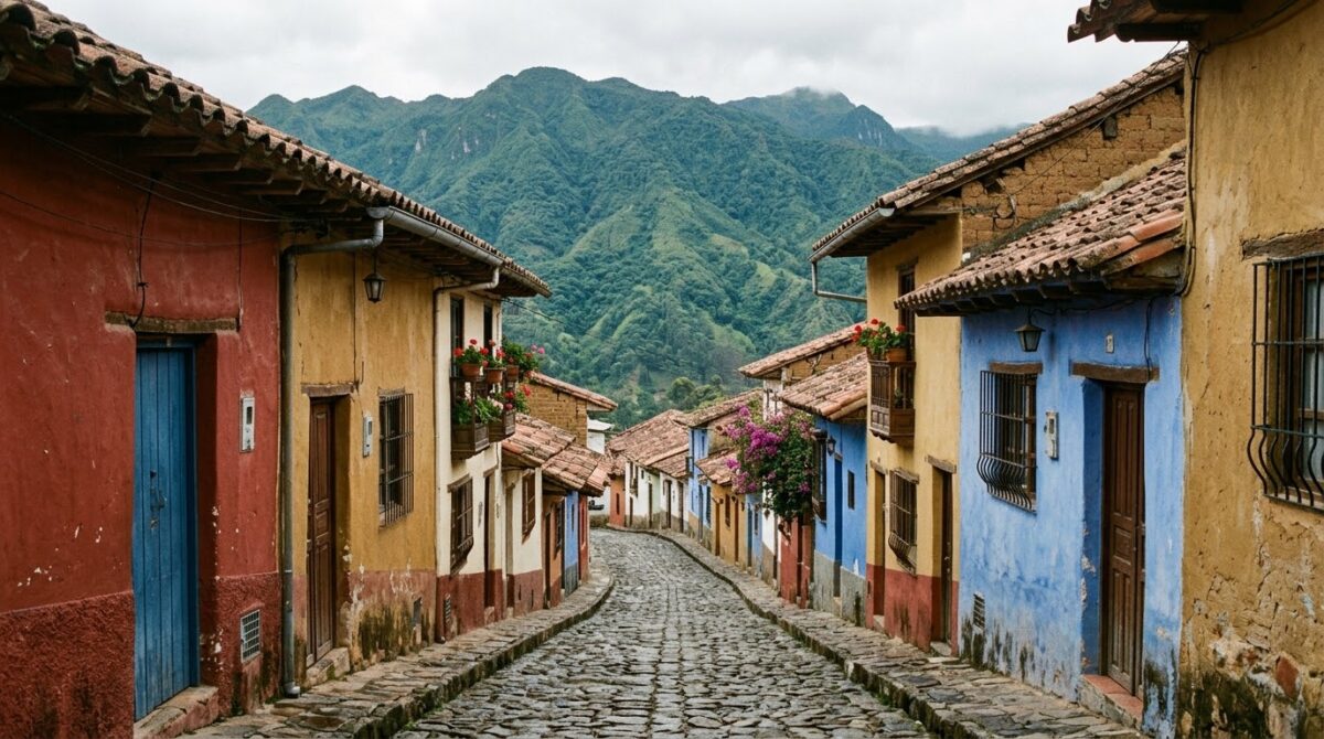 A painted colonial street in La Candelaria, Bogota, Colombia