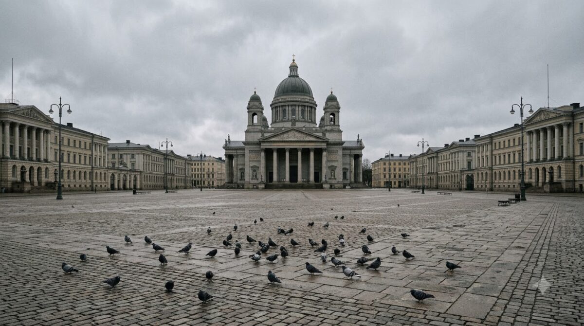 Plaza Bolivar with the cathedral in Bogota, Colombia under grey sky