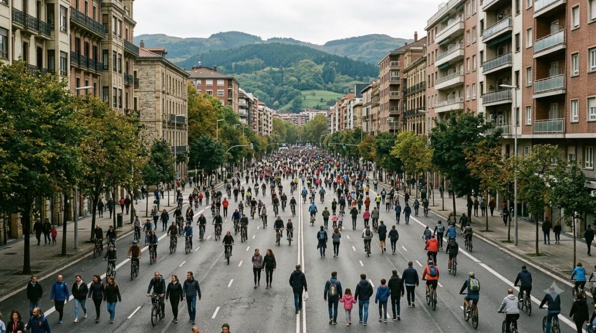 Cyclists on a car-free avenue during Ciclovia in Bogota, Colombia