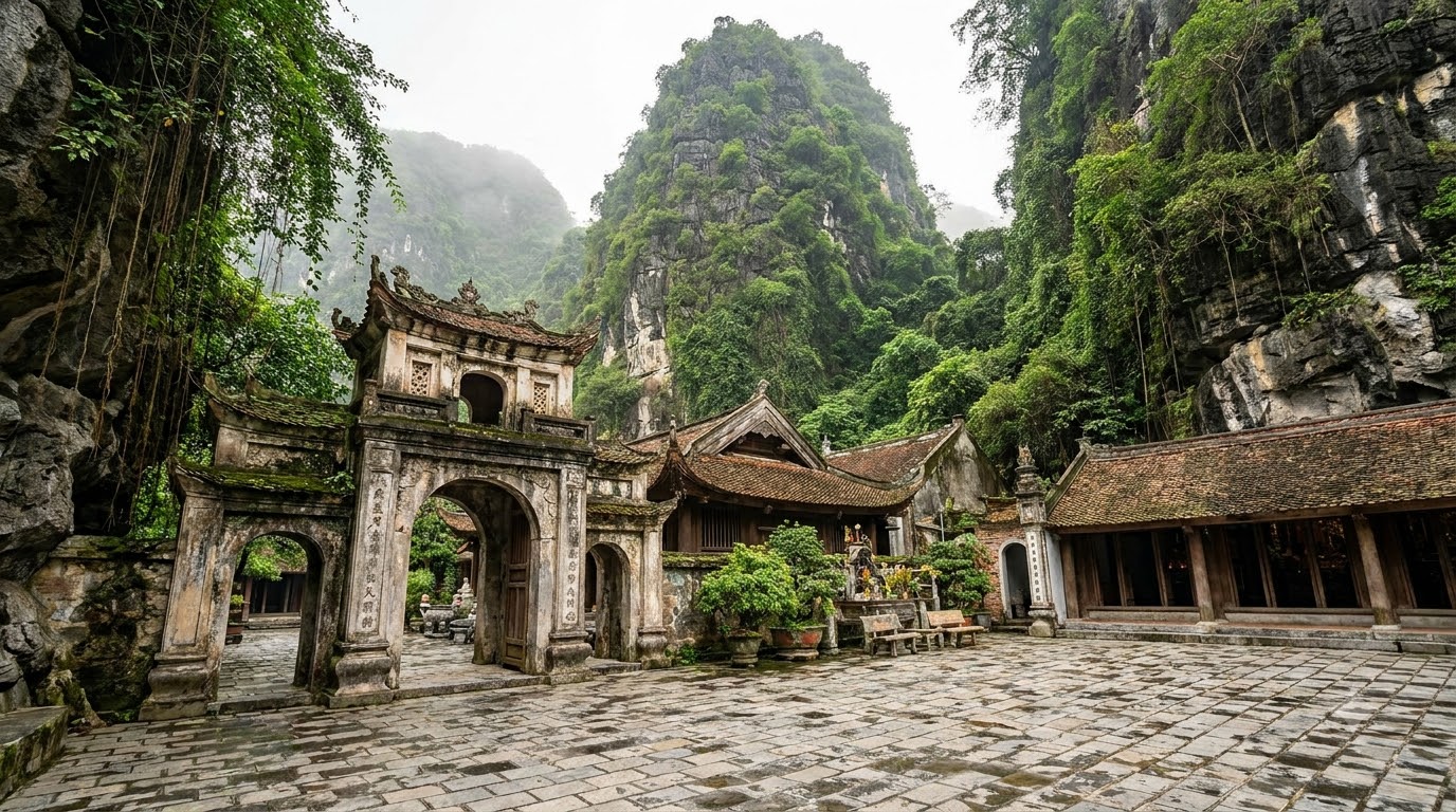 Bich Dong Pagoda Ninh Binh ancient stone gate and courtyard with moss-covered limestone karst mountain rising directly behind traditional temple buildings