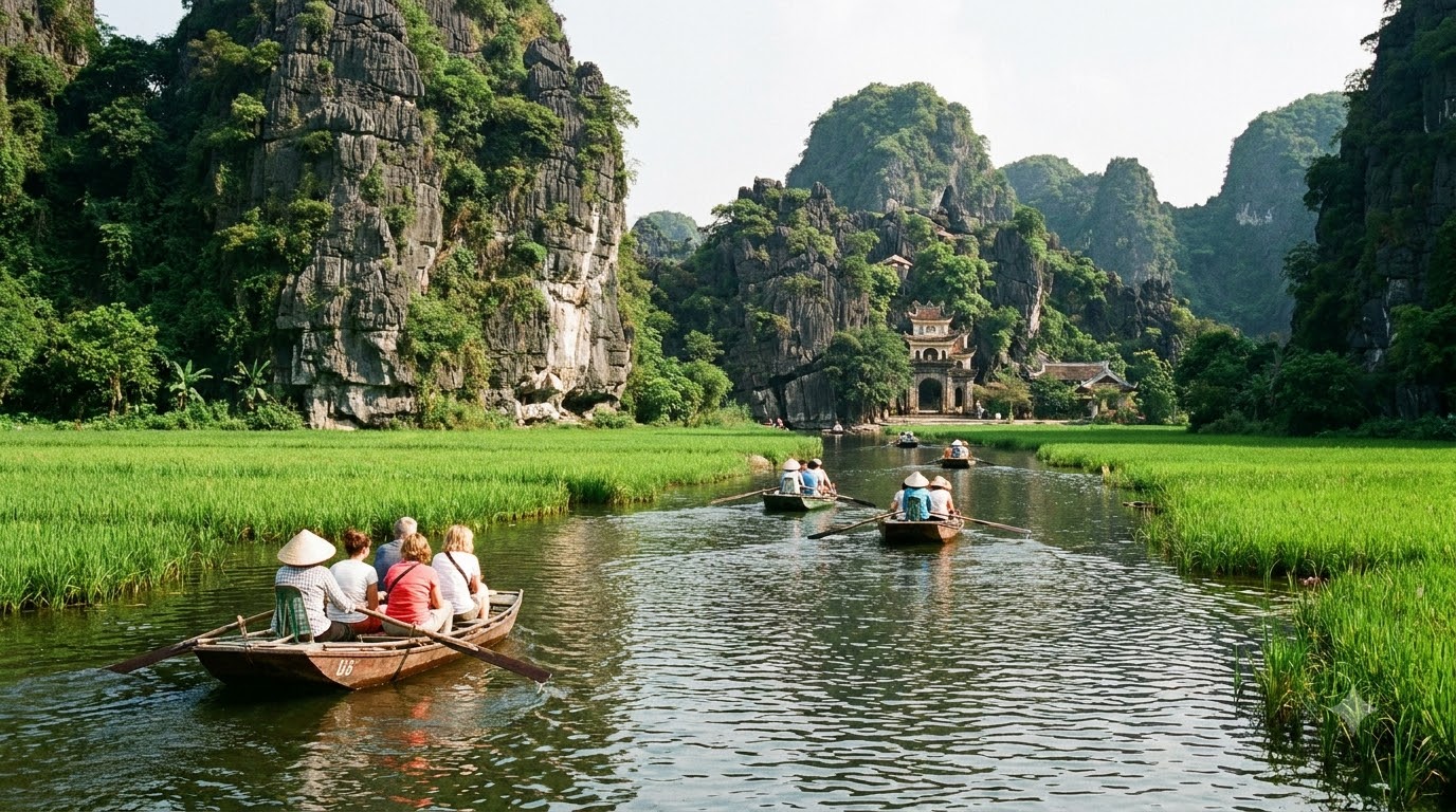 Wooden rowboats on the Ngo Dong River passing through lush rice paddies with towering limestone karst mountains on the route to Bich Dong Pagoda