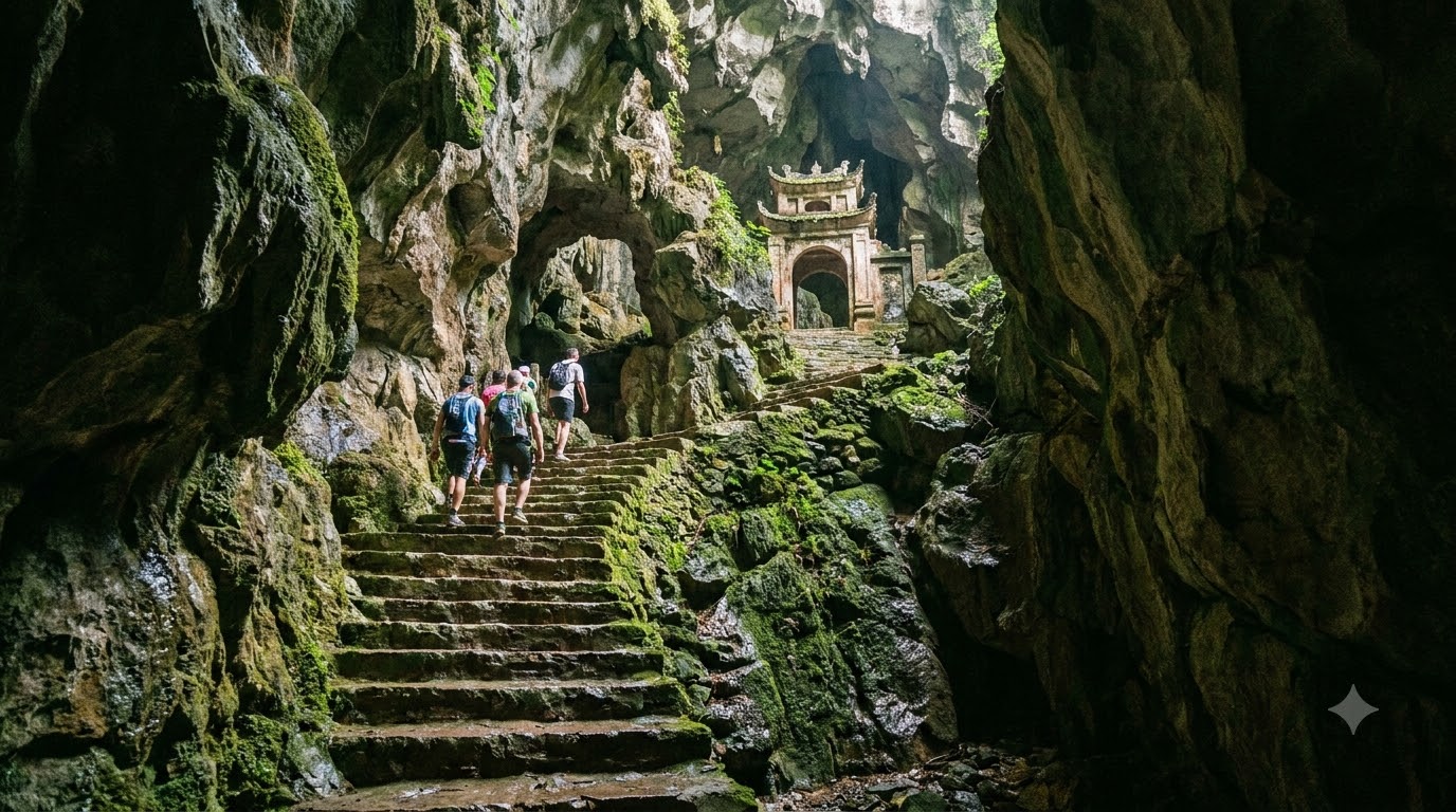 Narrow stone steps carved directly into a moss-covered limestone cliff face leading up through the cave passage to the upper levels of Bich Dong Pagoda