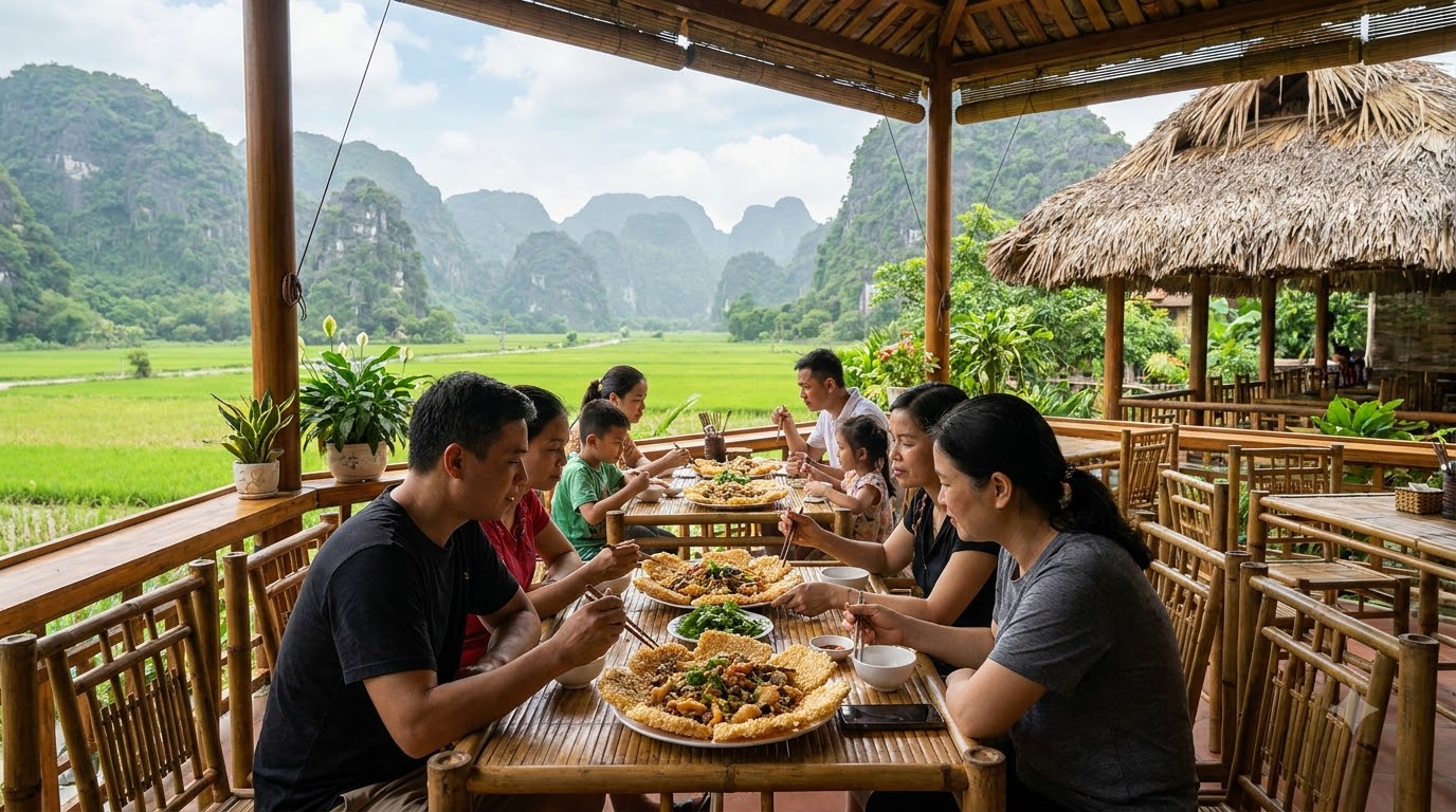 Open-air family restaurant overlooking rice paddies and karst mountains in Tam Coc village, Ninh Binh, serving traditional Vietnamese com chay scorched rice dishes