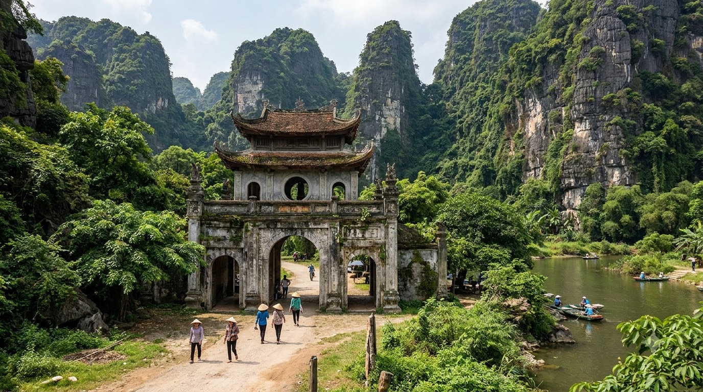 Stone entrance gate to Hoa Lu ancient capital framed by limestone karst mountains and tropical foliage, Ninh Binh Vietnam