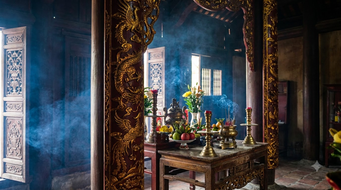 Ornate lacquered altar columns and incense smoke rising inside a Vietnamese imperial temple at Hoa Lu