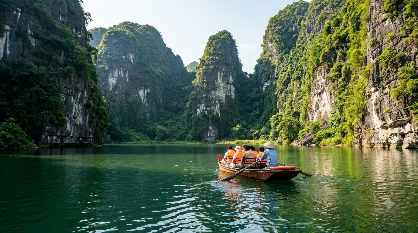 Wooden rowboat moving through the Trang An waterway near Hoa Lu Ninh Binh, limestone karst peaks rising from the water on both sides