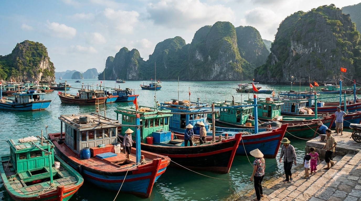 Cat Ba Island harbor with colorful fishing boats and limestone karsts in the background, Vietnam