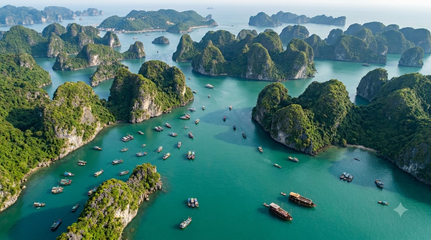 Aerial view of limestone karsts rising from the turquoise waters of Lan Ha Bay near Cat Ba Island, Vietnam