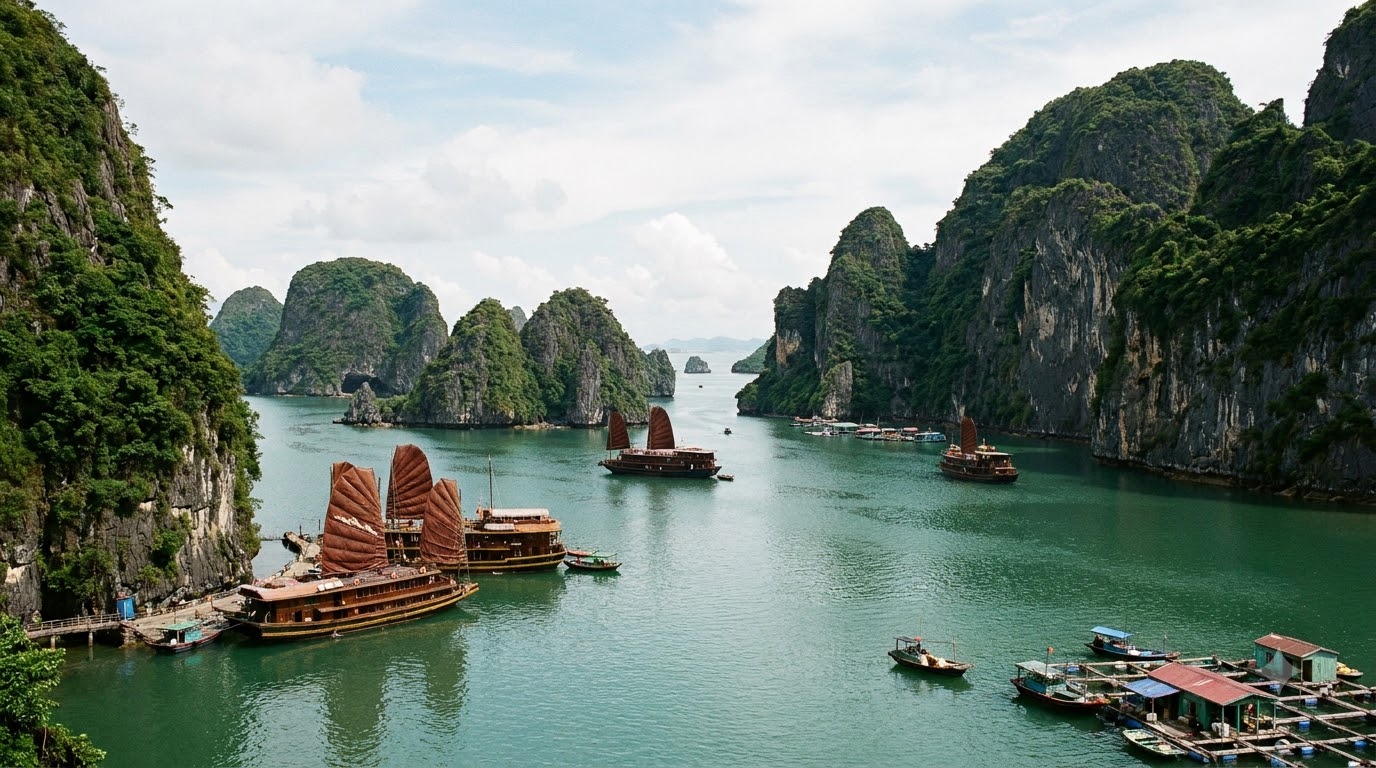 Traditional wooden junk boats moored in a sheltered bay surrounded by limestone karst islands, northern Vietnam