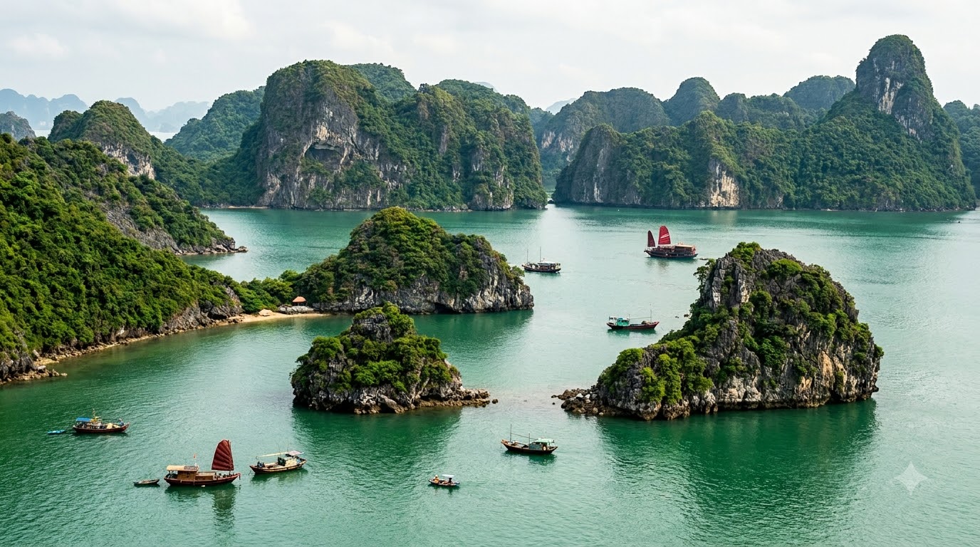 Limestone karst islands rising from calm green water in Bai Tu Long Bay, Vietnam