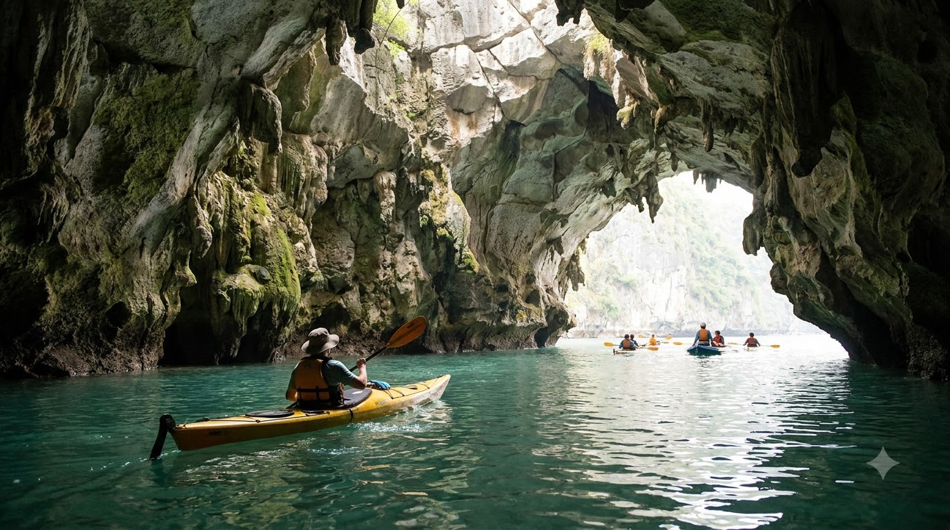 A kayaker paddling through a limestone sea cave on a guided tour near Bai Tu Long Bay