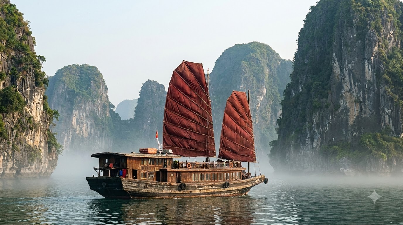 Traditional Vietnamese junk boat with deep red sails on Ha Long Bay surrounded by limestone karst islands