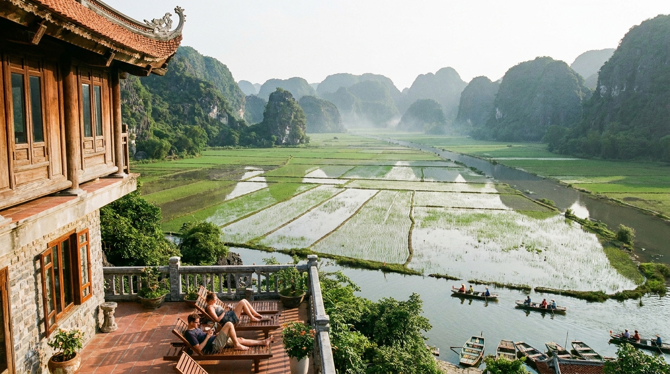 guesthouse with views over rice paddies and karst mountains near Tam Coc Ninh Binh Vietnam