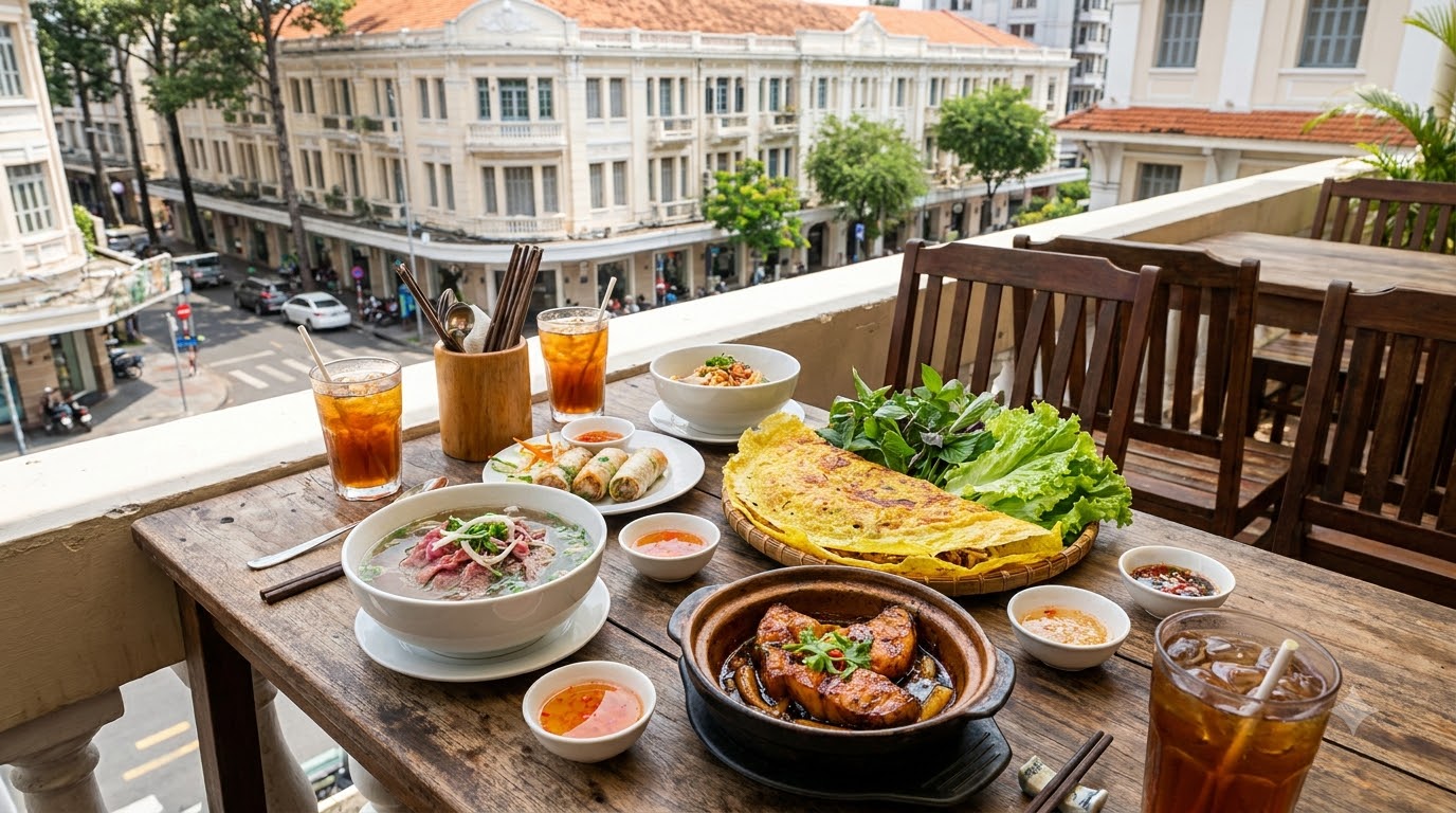A spread showcasing dishes from the best restaurants in District 1 Saigon, including pho, banh xeo, and claypot fish