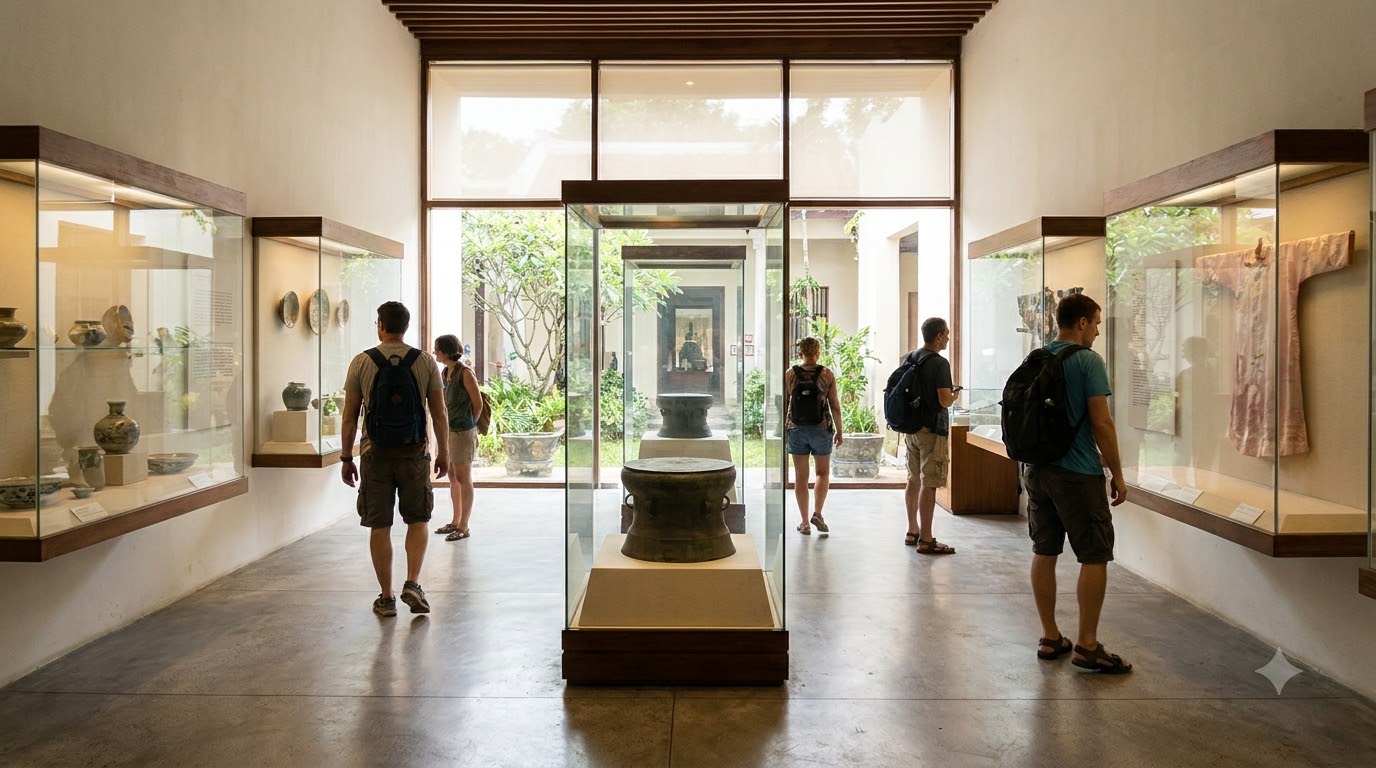 Visitors exploring a well-lit Vietnamese museum gallery filled with historical artefacts in glass display cases