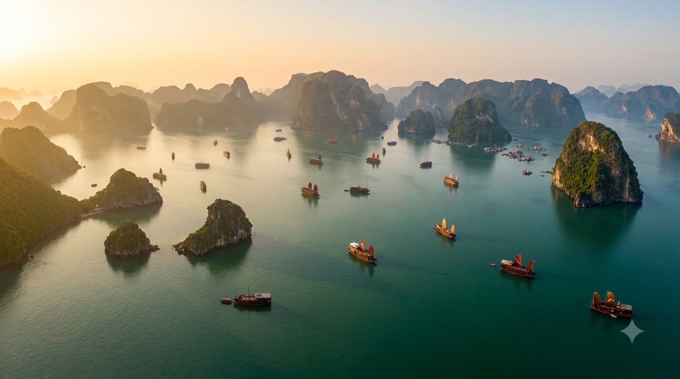 Ha Long Bay panoramic — limestone karsts and traditional junk boats on emerald water at sunrise, northern Vietnam