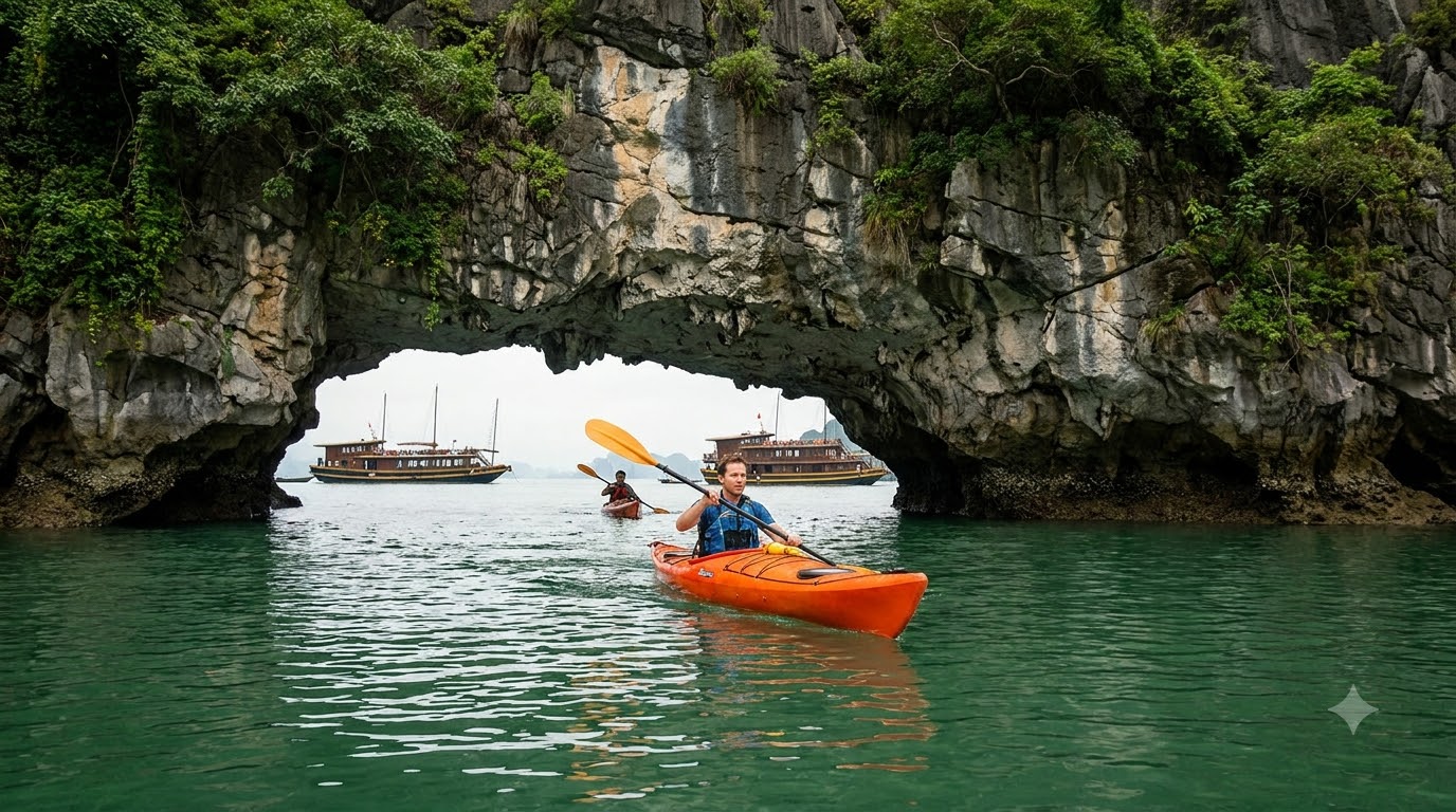 Kayaking through Ha Long Bay limestone archway — activity included in most mid-range and luxury cruises
