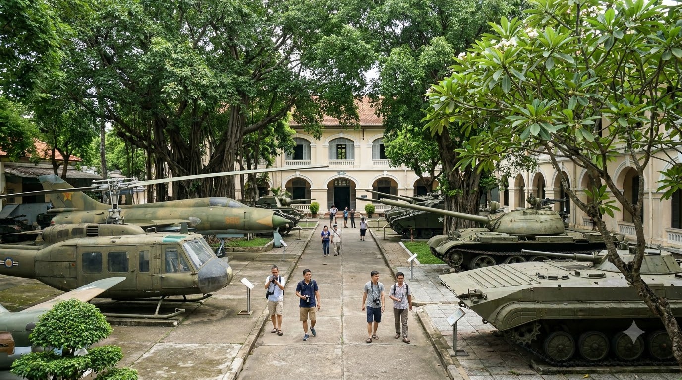 Outdoor courtyard of a Ho Chi Minh City museum displaying captured military aircraft and armoured vehicles beneath tropical trees