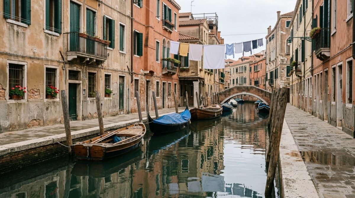 A quiet side canal with moored boats in Venice, Italy