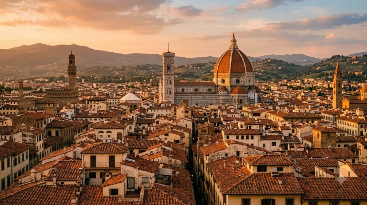 The Duomo above terracotta rooftops in Florence, Italy