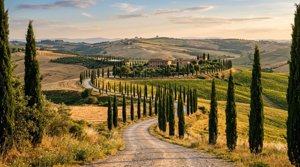 A cypress-lined country road through farmland in Tuscany, Italy