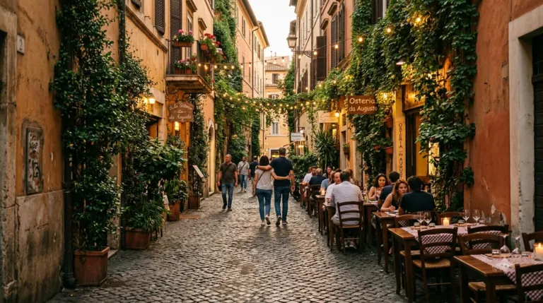 An ivy-covered street in Trastevere, Rome, Italy in the evening