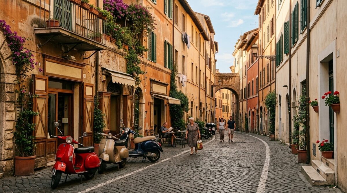 A quiet cobbled street with small shops in the Monti district of Rome, Italy
