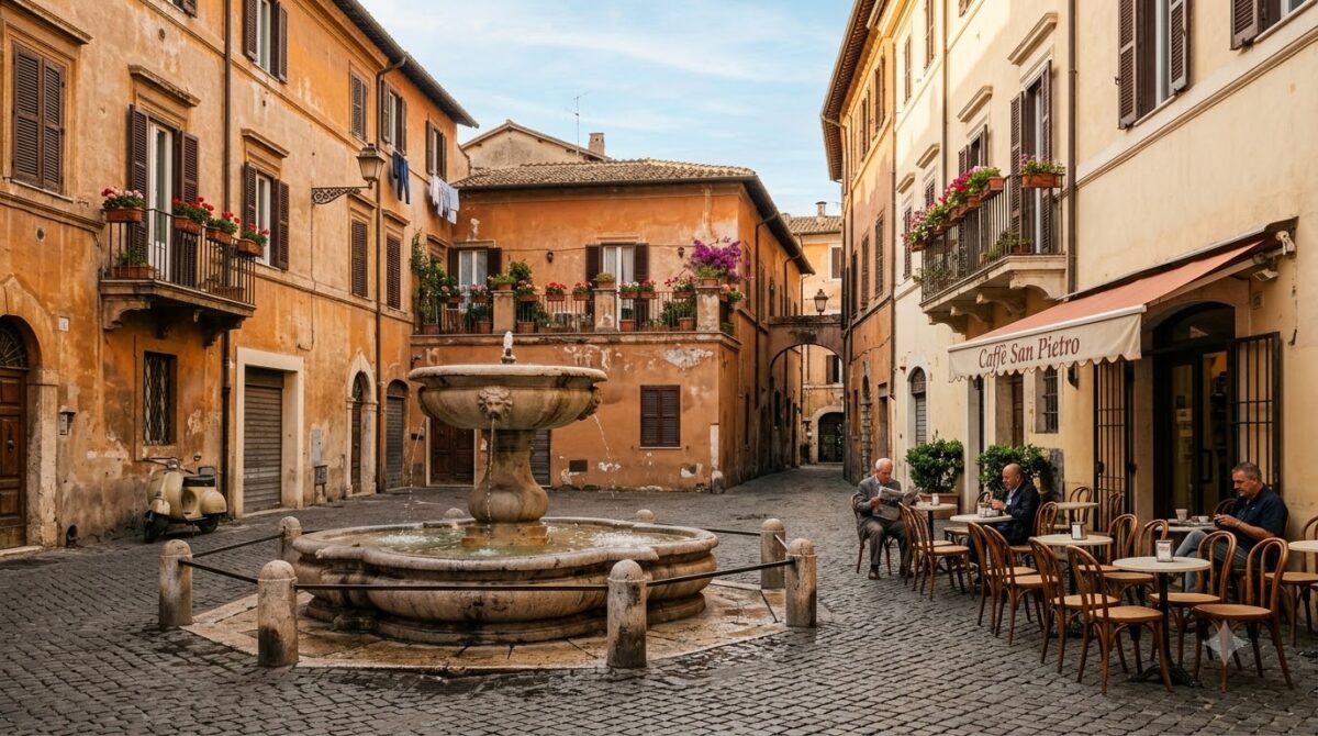 A small piazza with a fountain in the historic centre of Rome, Italy