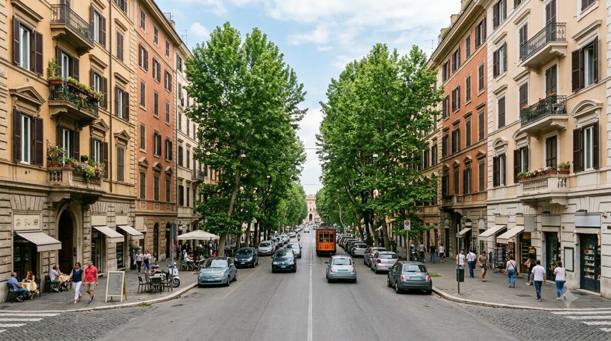 A wide residential boulevard with apartment blocks in the Prati district of Rome, Italy
