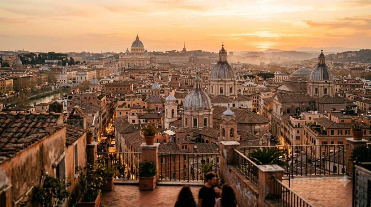 A rooftop view across the domes and rooftops of Rome, Italy at sunset