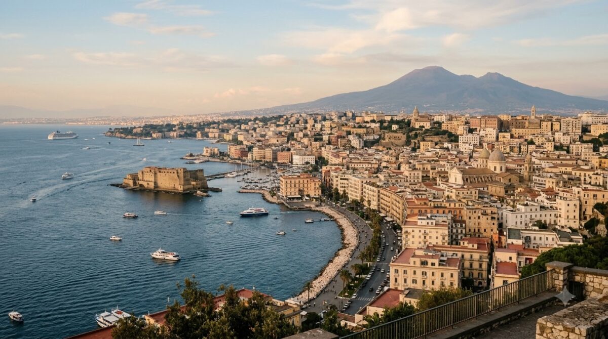 The city of Naples, Italy with Mount Vesuvius behind across the bay