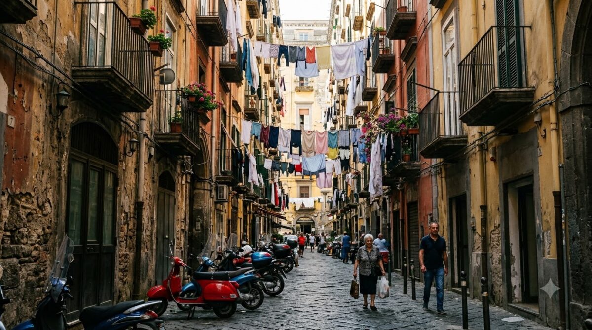 A narrow crowded street with laundry overhead in the old centre of Naples, Italy