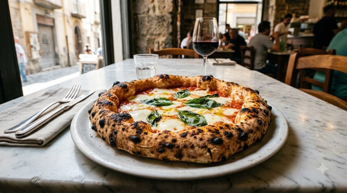 A Neapolitan pizza margherita with charred crust on a plate in Naples, Italy
