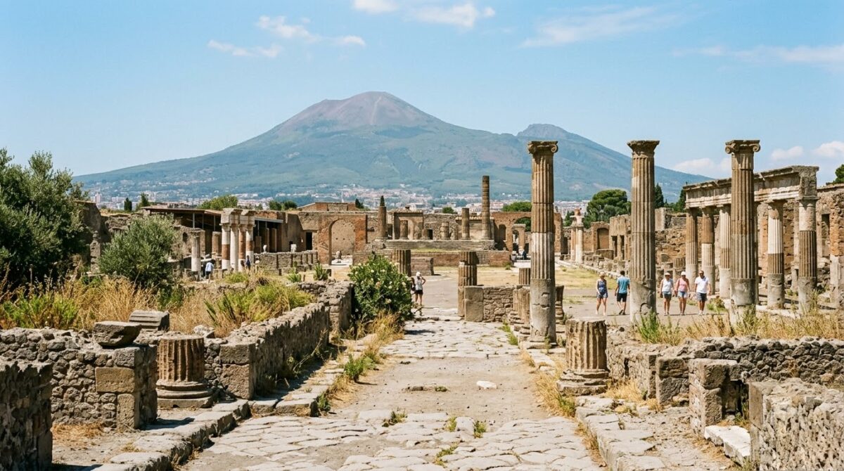 The ruins of Pompeii with Mount Vesuvius in the distance in Italy