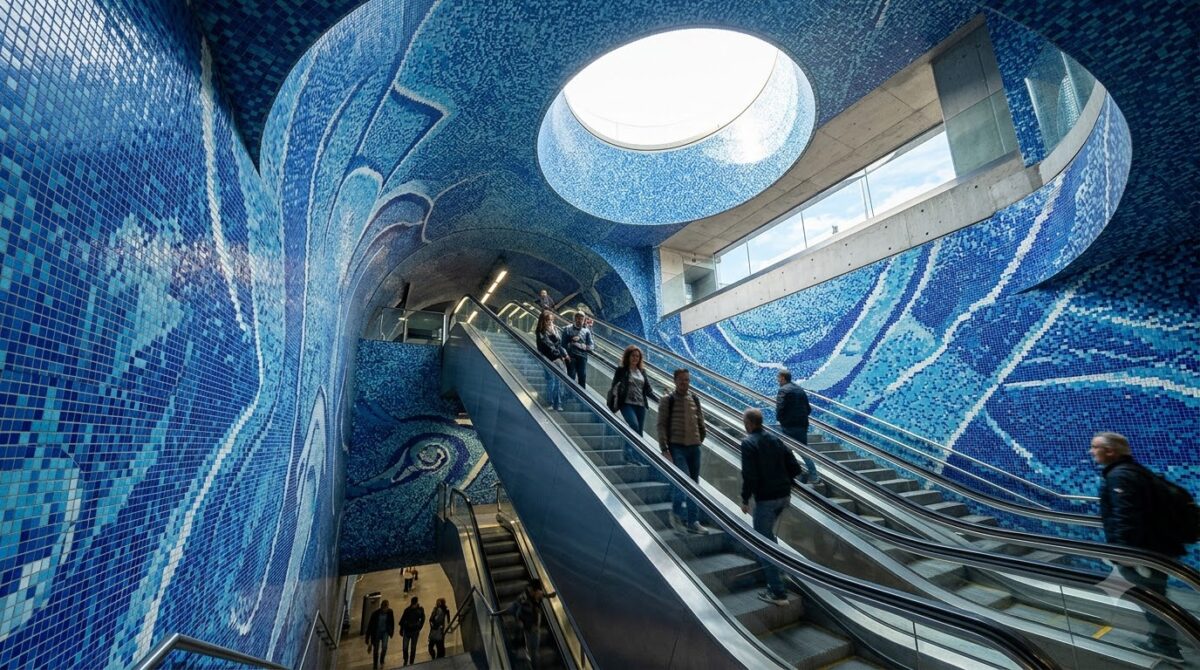 A modern art metro station with mosaic walls in Naples, Italy