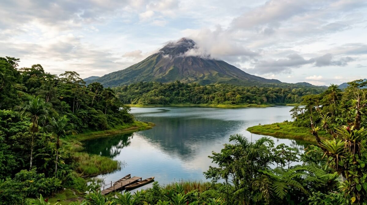 Arenal Volcano above rainforest and a lake in Costa Rica