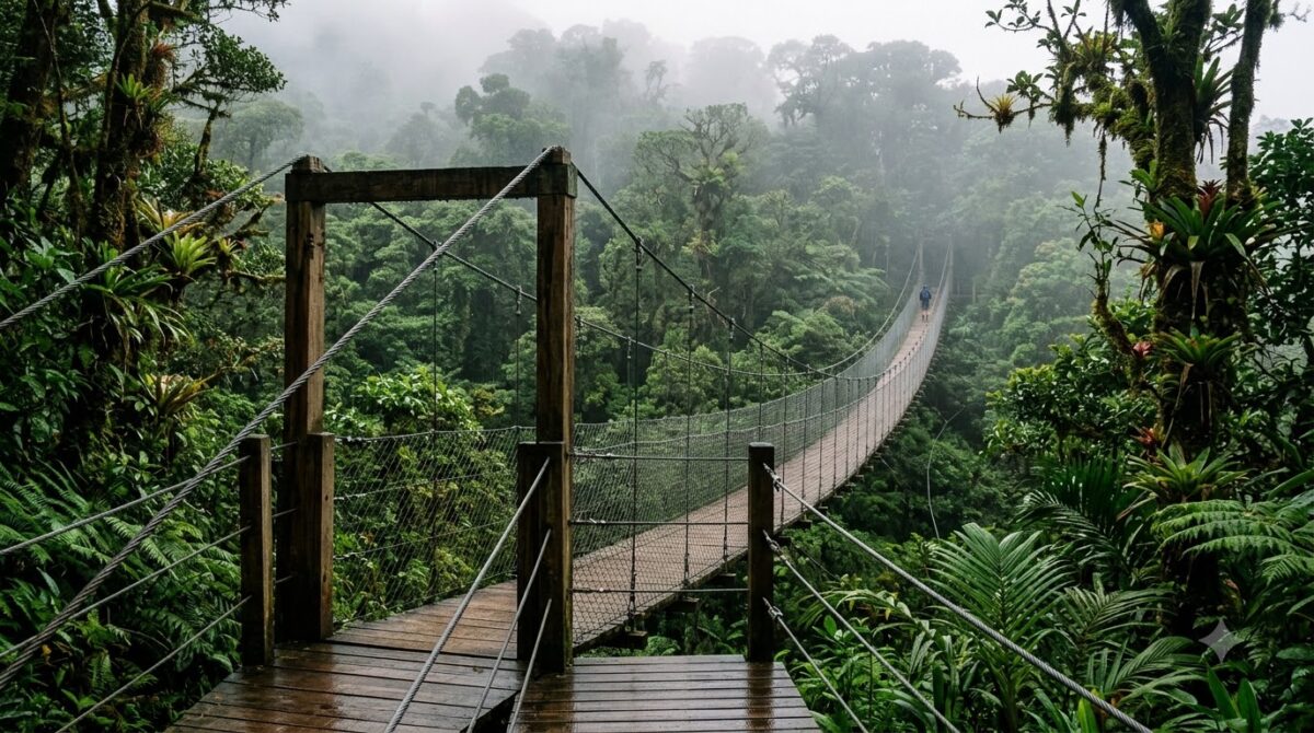 A suspension bridge through cloud forest canopy in Costa Rica