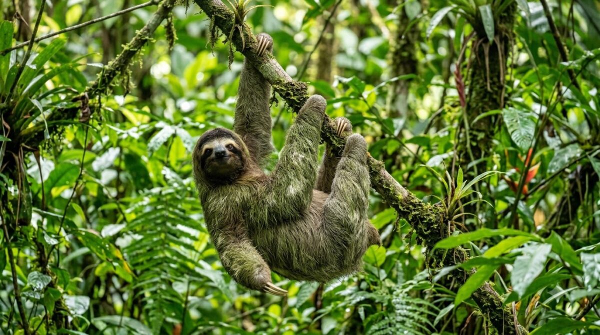 A three-toed sloth in a rainforest tree in Costa Rica