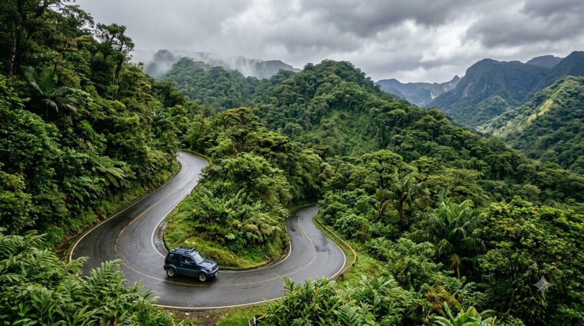 A narrow road winding through green rainforest hills in Costa Rica