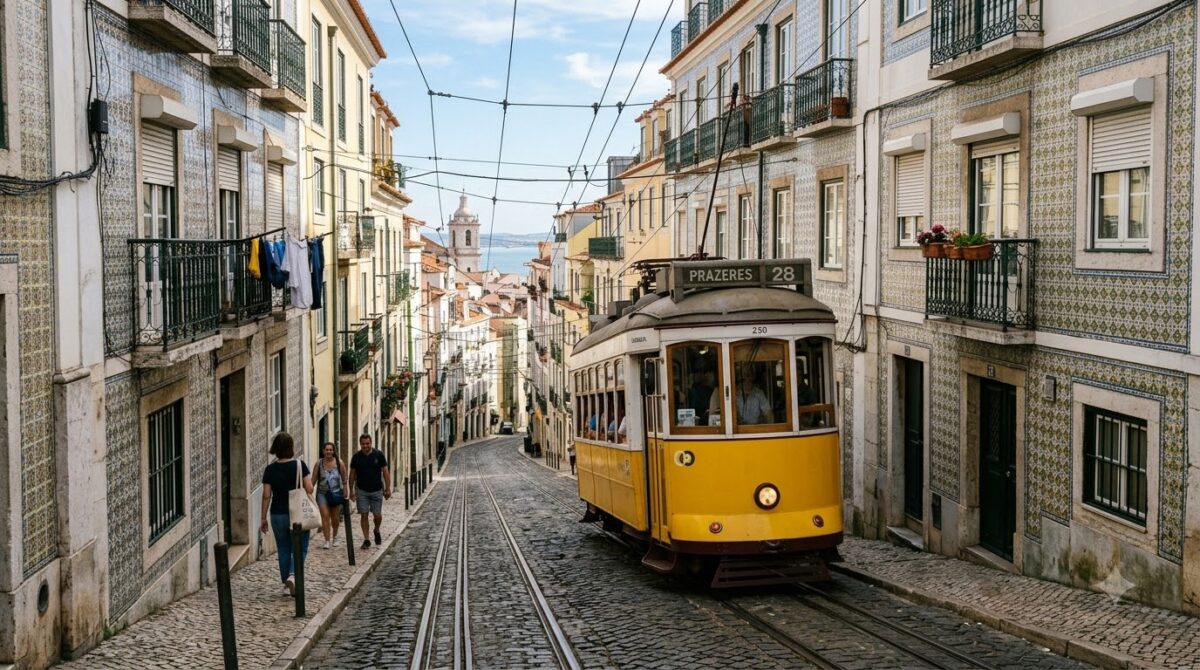 A yellow tram on a steep narrow street in Lisbon, Portugal