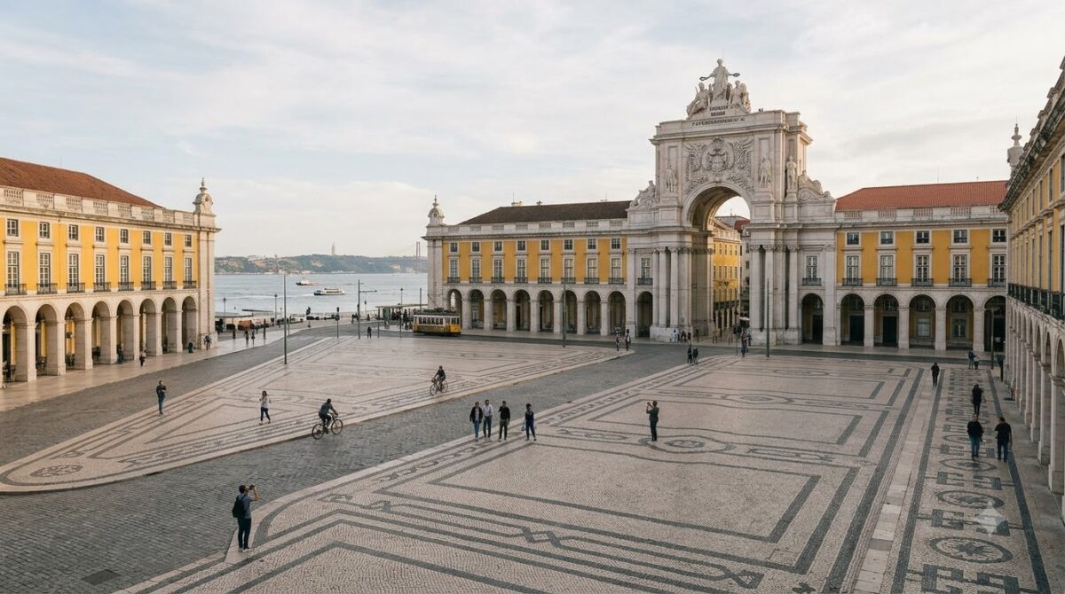 A large arcaded square in the Baixa district of Lisbon, Portugal
