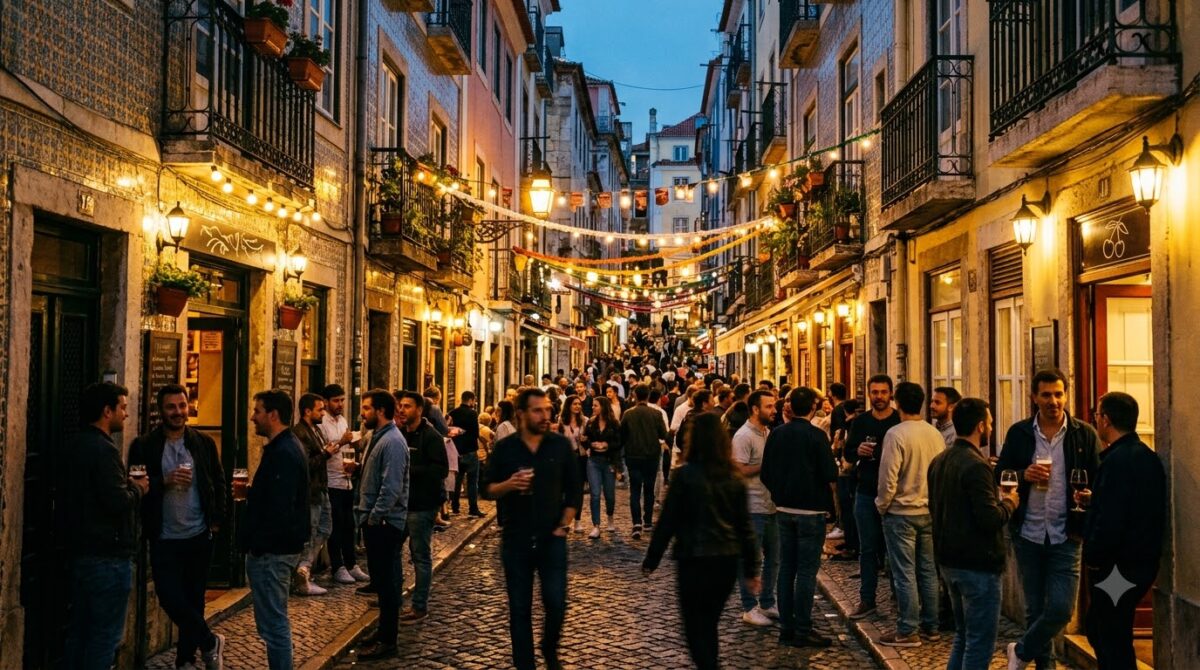 A narrow nightlife street with small bars in Bairro Alto, Lisbon, Portugal