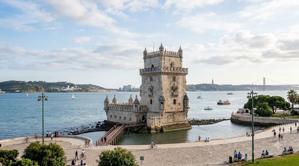 The riverside at Belem in Lisbon, Portugal with a historic stone tower