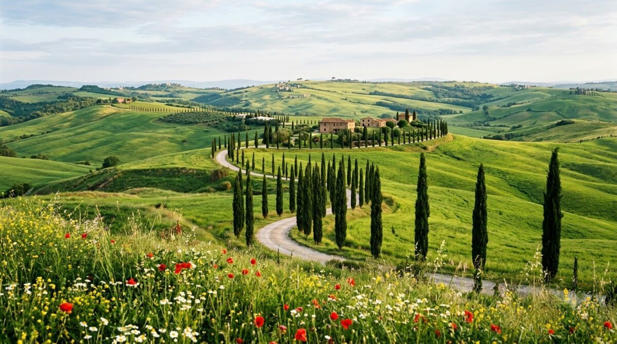 Green Tuscan hills with wildflowers and a cypress road in spring, Italy