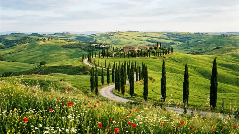 Green Tuscan hills with wildflowers and a cypress road in spring, Italy