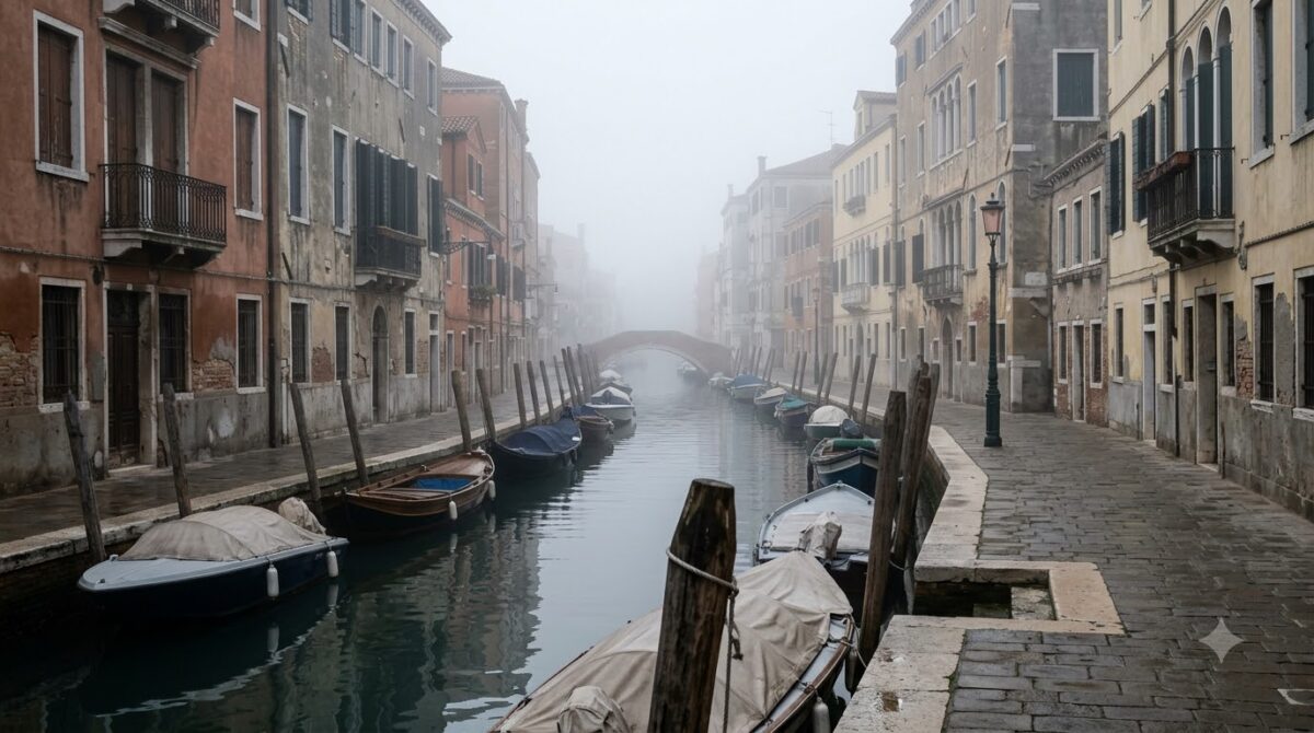 A quiet Venice canal in fog on a winter morning, Italy