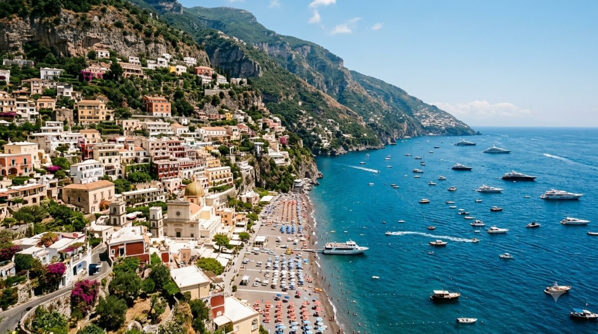 The Amalfi Coast in summer with pastel houses above blue sea, Italy